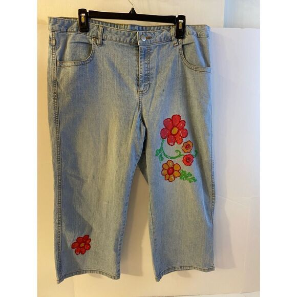 Boho festival denim jeans painted flowers 34w stretch size 16 1/2 - Picture 1 of 6